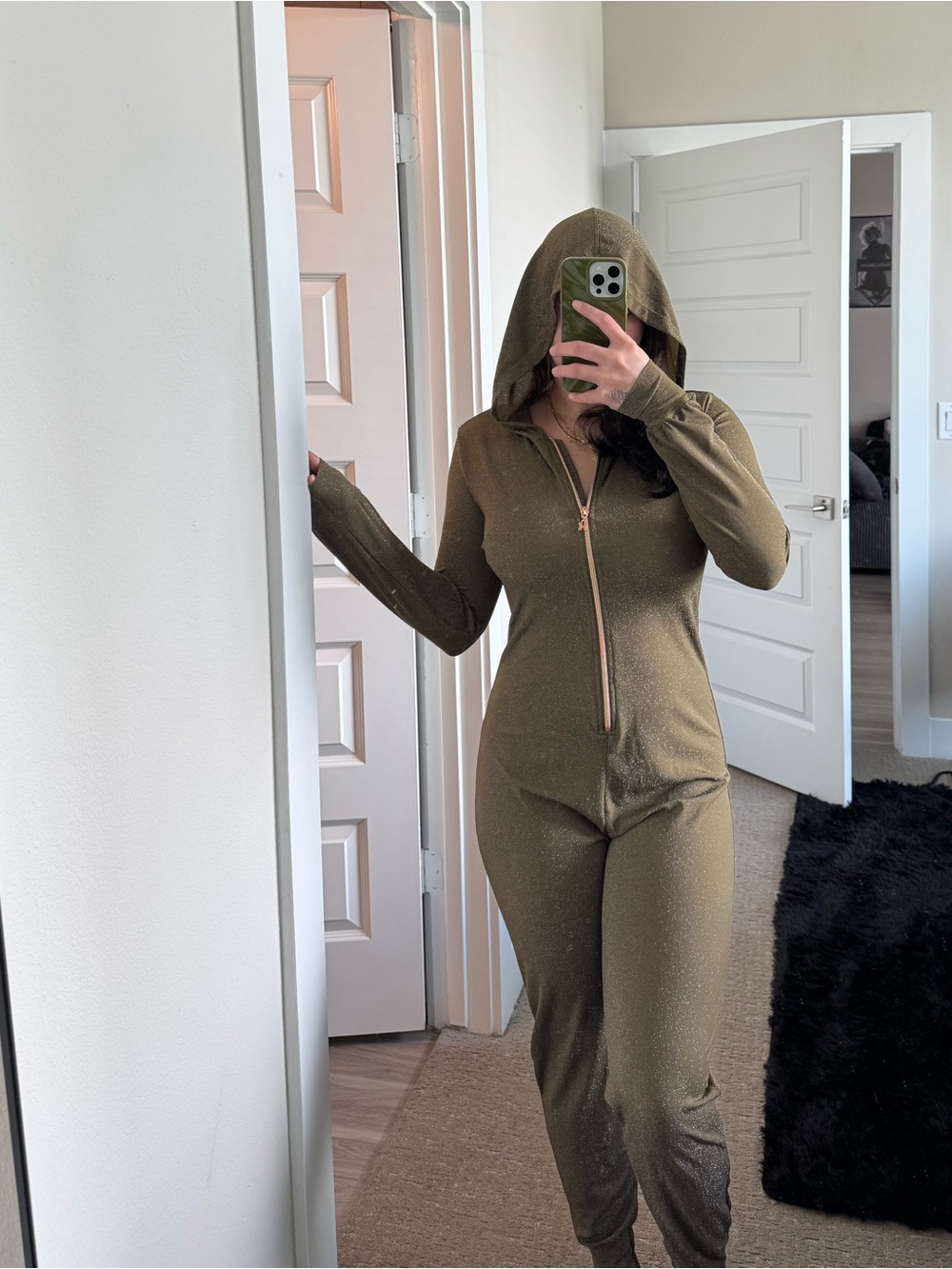 Savage X Fenty Olive Green Hooded Jumpsuit with Gold Zip